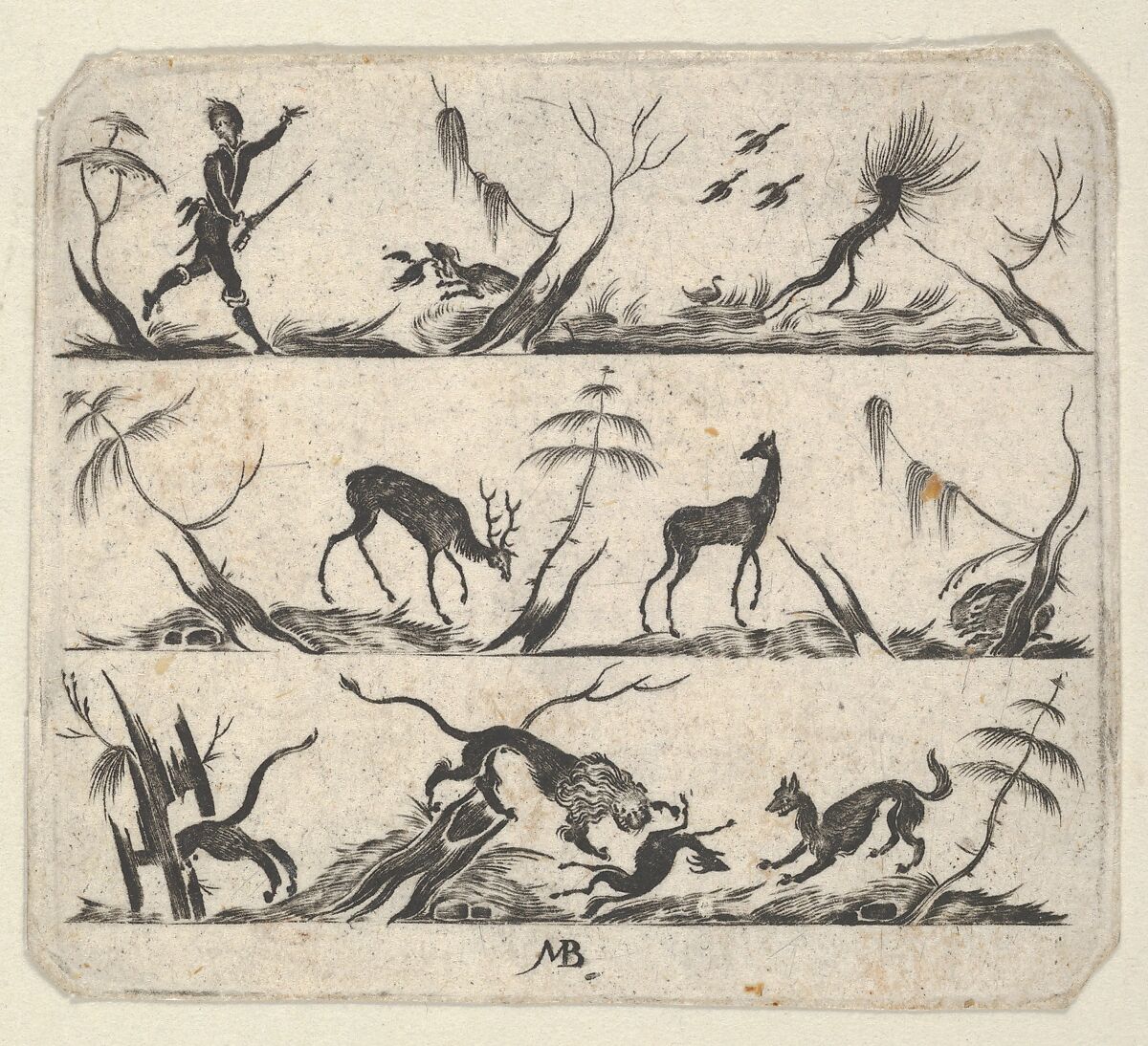 Blackwork Design for Goldsmithwork with a Hunter and Animals, Mathais Beitler (German, Ansbach, active ca. 1582–1616), Engraving and blackwork 