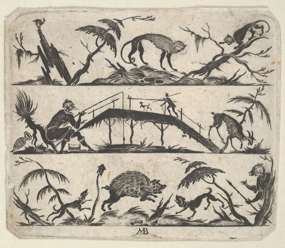 Blackwork Design for Goldsmithwork with a Hunter and a Fisherman, Mathais Beitler (German, Ansbach, active ca. 1582–1616), Engraving and blackwork 