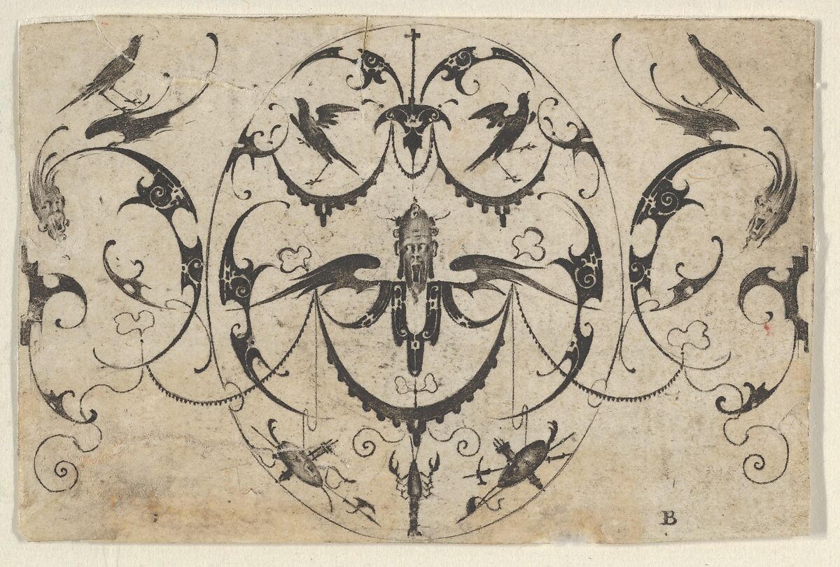 Blackwork Design for Goldsmithwork with Grotesques, Garlands, and Birds, Mathais Beitler (German, Ansbach, active ca. 1582–1616), Engraving and blackwork 
