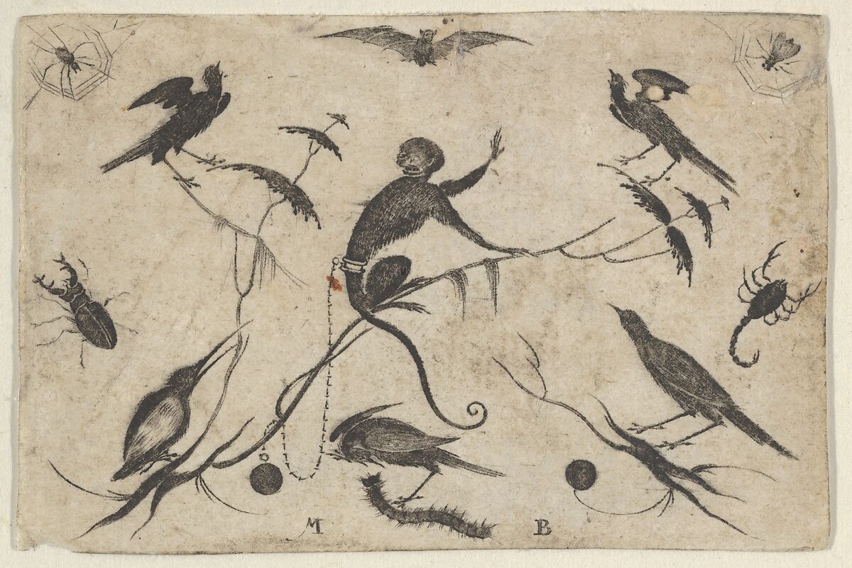 Blackwork Design for Goldsmithwork with Monkey, Birds, and Insects, Mathais Beitler (German, Ansbach, active ca. 1582–1616), Engraving and blackwork 