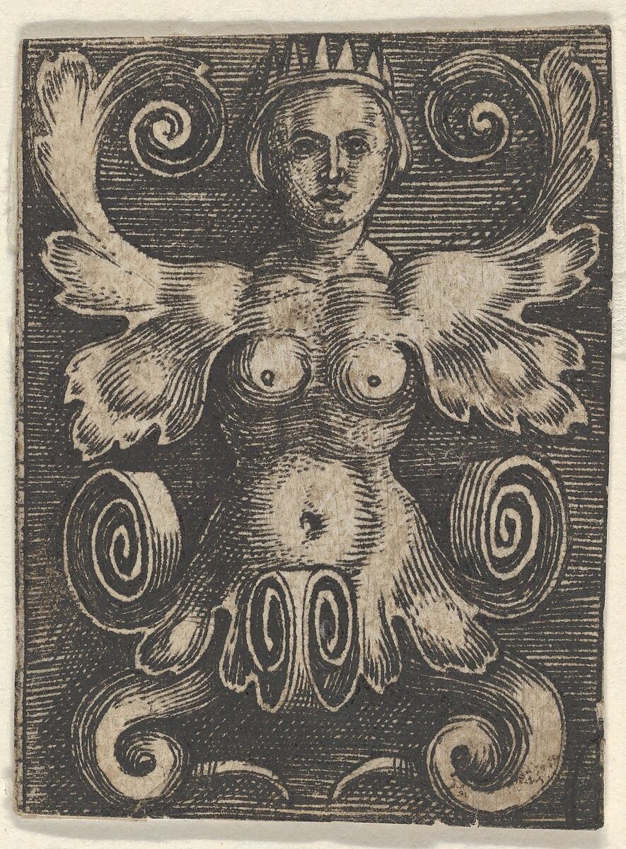 Vertical Panel with a Half-Length Female with Leaves as Arms, Jacob Binck (German, Cologne 1494/1500–1569 Kaliningrad (Königsberg)), Engraving 