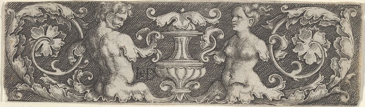 Horizontal Panel with a Half-Length Man and Woman Facing a Vase at Center, Jacob Binck (German, Cologne 1494/1500–1569 Kaliningrad (Königsberg)), Engraving 