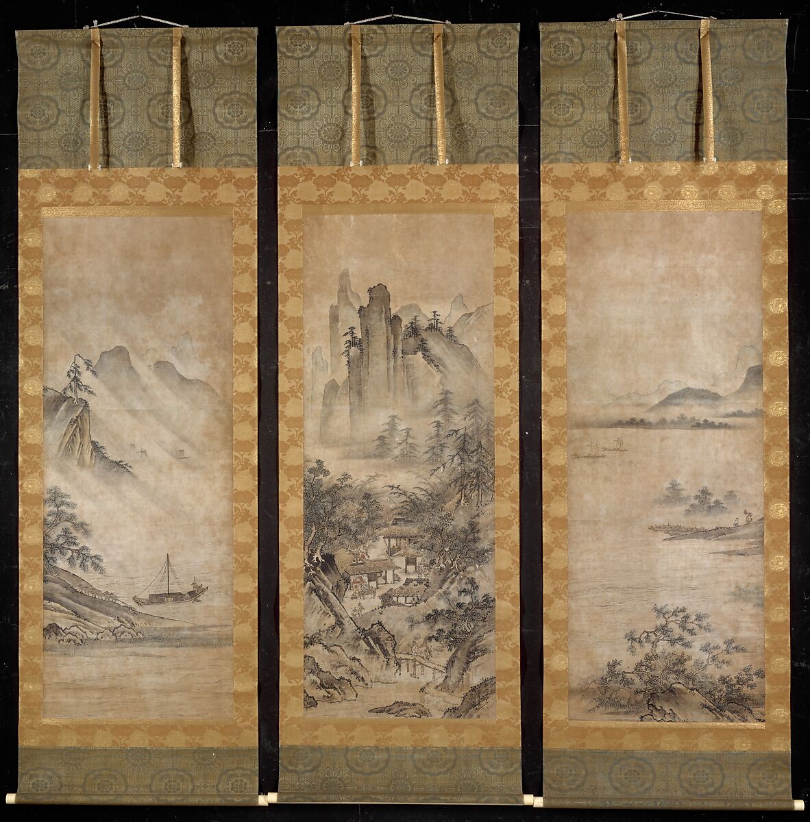 Eight Views of the Xiao and Xiang Rivers, One of a triptych of hanging scrolls; ink and color on paper, Japan 