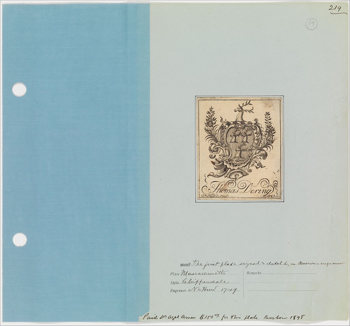 Bookplate of Thomas Dering, Nathaniel Hurd (American, Boston, Massachusetts 1729/30–1777 Boston, Massachusetts), Engraving 