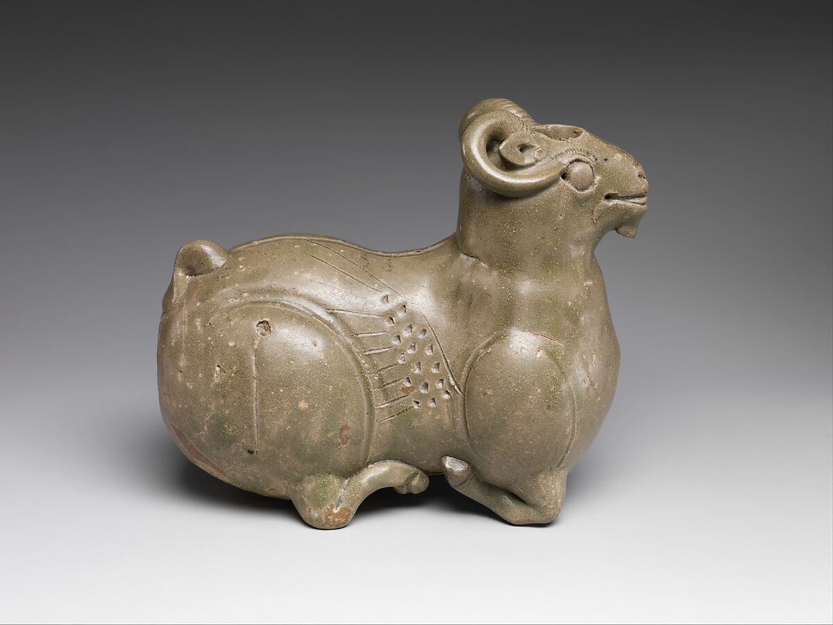 Vessel in the shape of a kneeling ram, Stoneware with celadon glaze (Yue ware), China