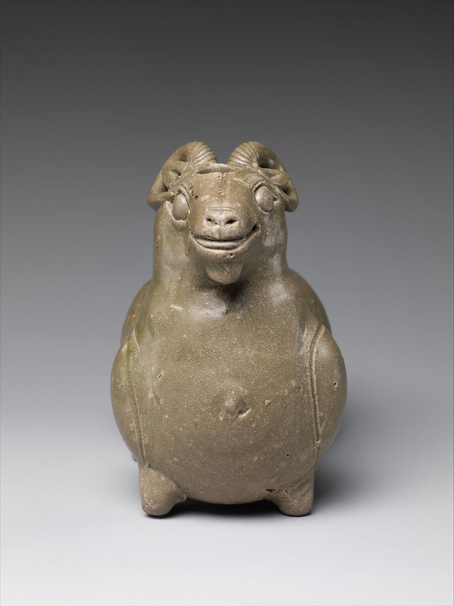 Vessel in the shape of a kneeling ram, Stoneware with celadon glaze (Yue ware), China
