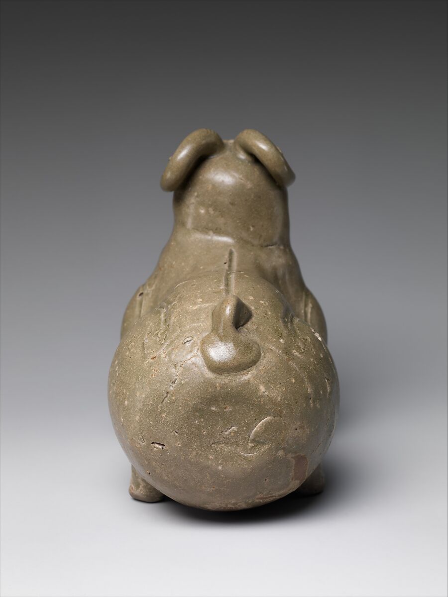 Vessel in the shape of a kneeling ram, Stoneware with celadon glaze (Yue ware), China