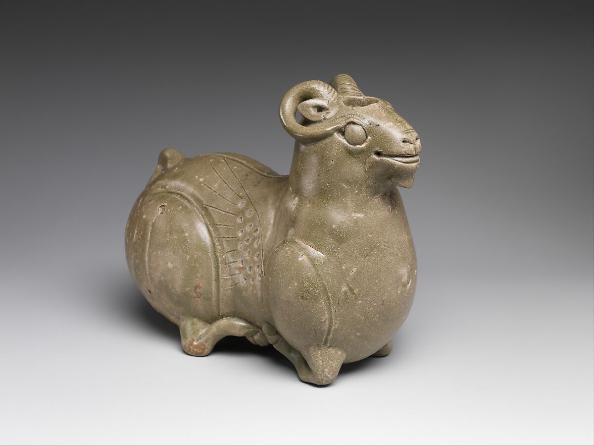 Vessel in the shape of a kneeling ram, Stoneware with celadon glaze (Yue ware), China 
