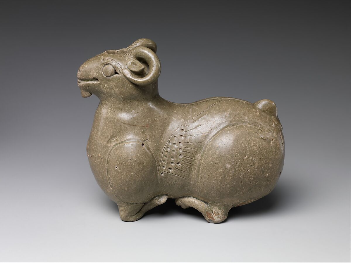Vessel in the shape of a kneeling ram, Stoneware with celadon glaze (Yue ware), China