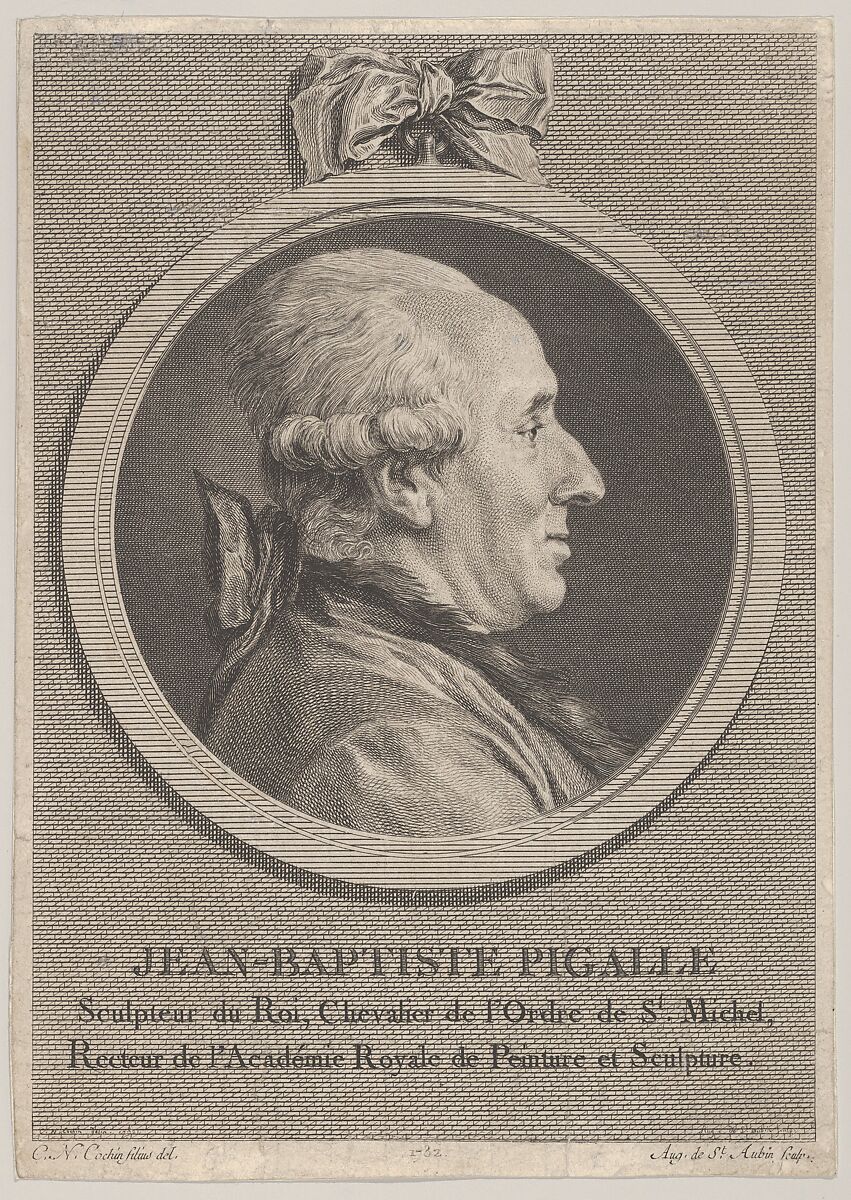 Portrait of Jean-Baptiste Pigalle, Augustin de Saint-Aubin (French, Paris 1736–1807 Paris), Etching and engraving; third state of three (Bocher) 