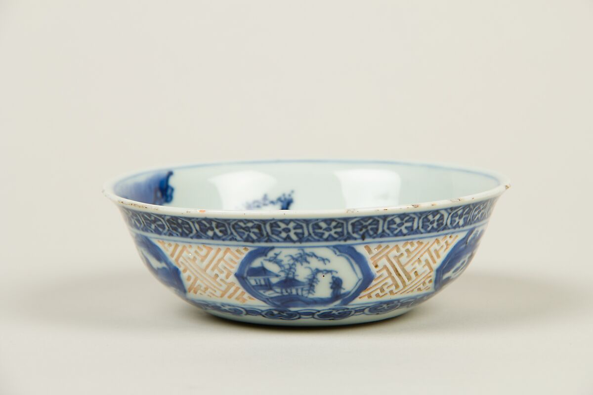 Bowl with figure of a warrior, Porcelain with carved decoration, painted in underglaze cobalt blue (Jingdezhen ware), China