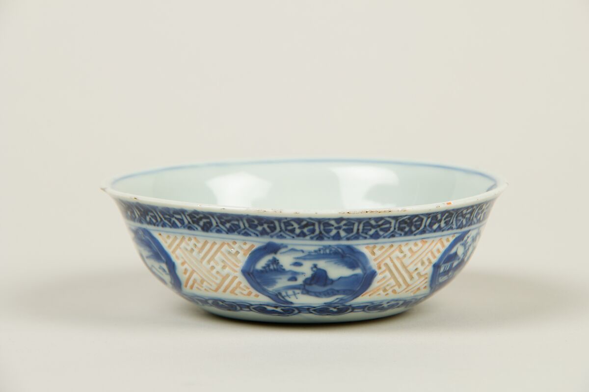 Bowl with figure of a warrior, Porcelain with carved decoration, painted in underglaze cobalt blue (Jingdezhen ware), China
