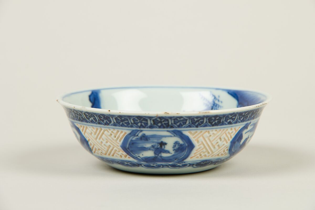 Bowl with figure of a warrior, Porcelain with carved decoration, painted in underglaze cobalt blue (Jingdezhen ware), China