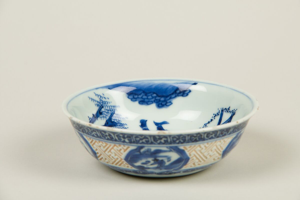 Bowl with figure of a warrior, Porcelain with carved decoration, painted in underglaze cobalt blue (Jingdezhen ware), China
