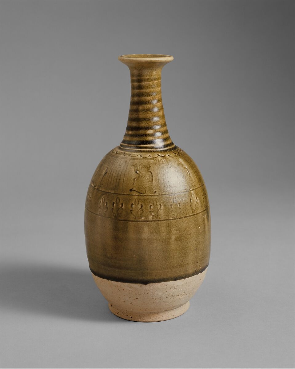 Bottle, Glazed stoneware with incised and impressed decoration, China