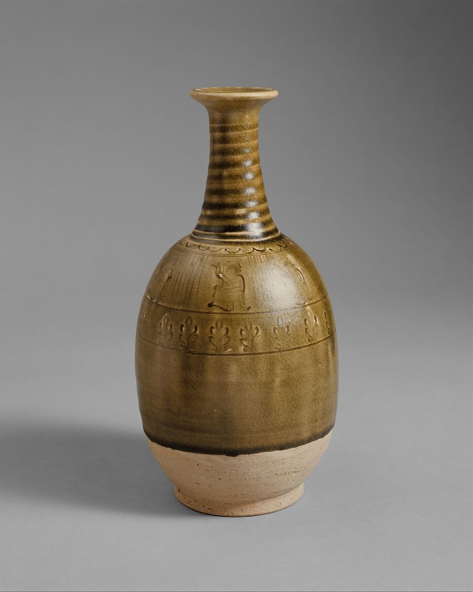 Bottle, Glazed stoneware with incised and impressed decoration, China 