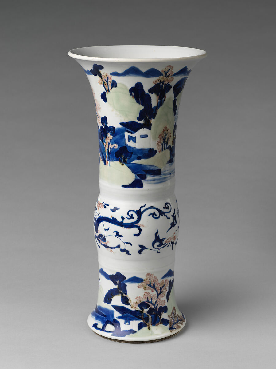 Vase with landscape scenes, Porcelain painted in underglaze cobalt blue, copper red, and light green (Jingdezhen ware), China