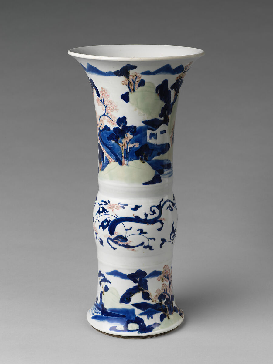 Vase with landscape scenes, Porcelain painted in underglaze cobalt blue, copper red, and light green (Jingdezhen ware), China
