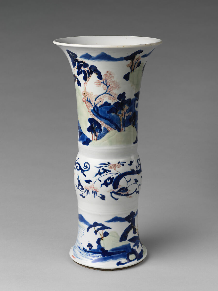 Vase with landscape scenes, Porcelain painted in underglaze cobalt blue, copper red, and light green (Jingdezhen ware), China
