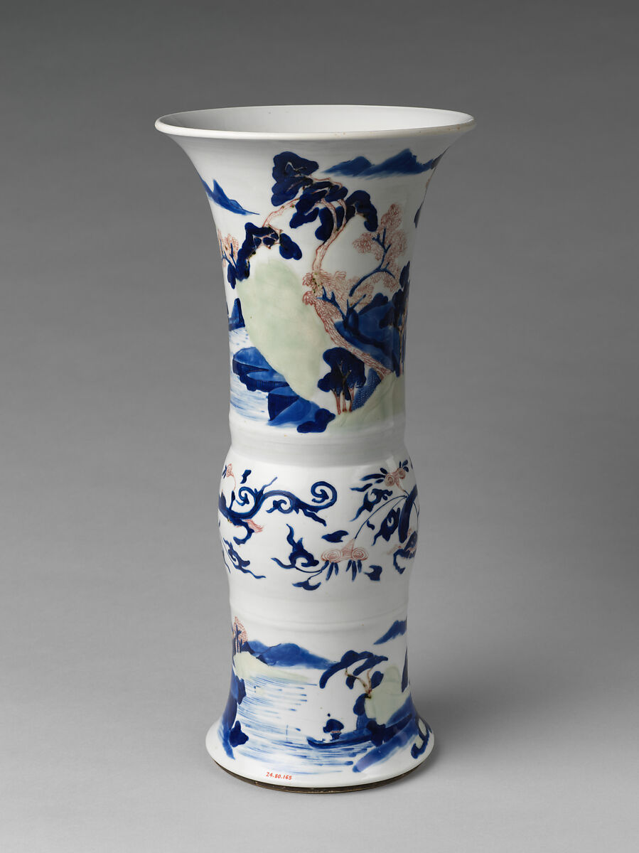 Vase with landscape scenes, Porcelain painted in underglaze cobalt blue, copper red, and light green (Jingdezhen ware), China