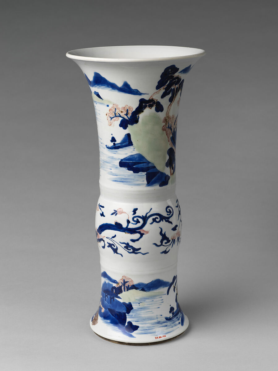 Vase with landscape scenes, Porcelain painted in underglaze cobalt blue, copper red, and light green (Jingdezhen ware), China