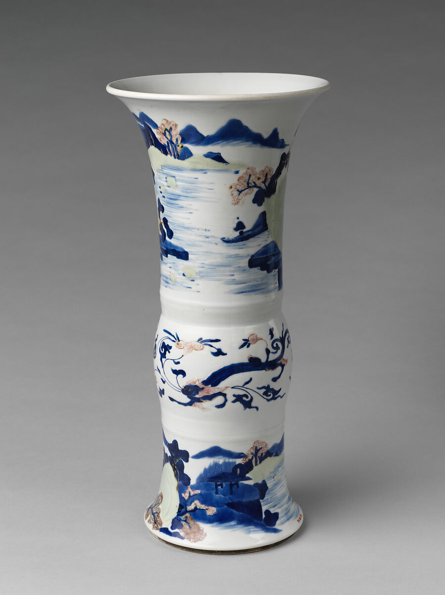 Vase with landscape scenes, Porcelain painted in underglaze cobalt blue, copper red, and light green (Jingdezhen ware), China