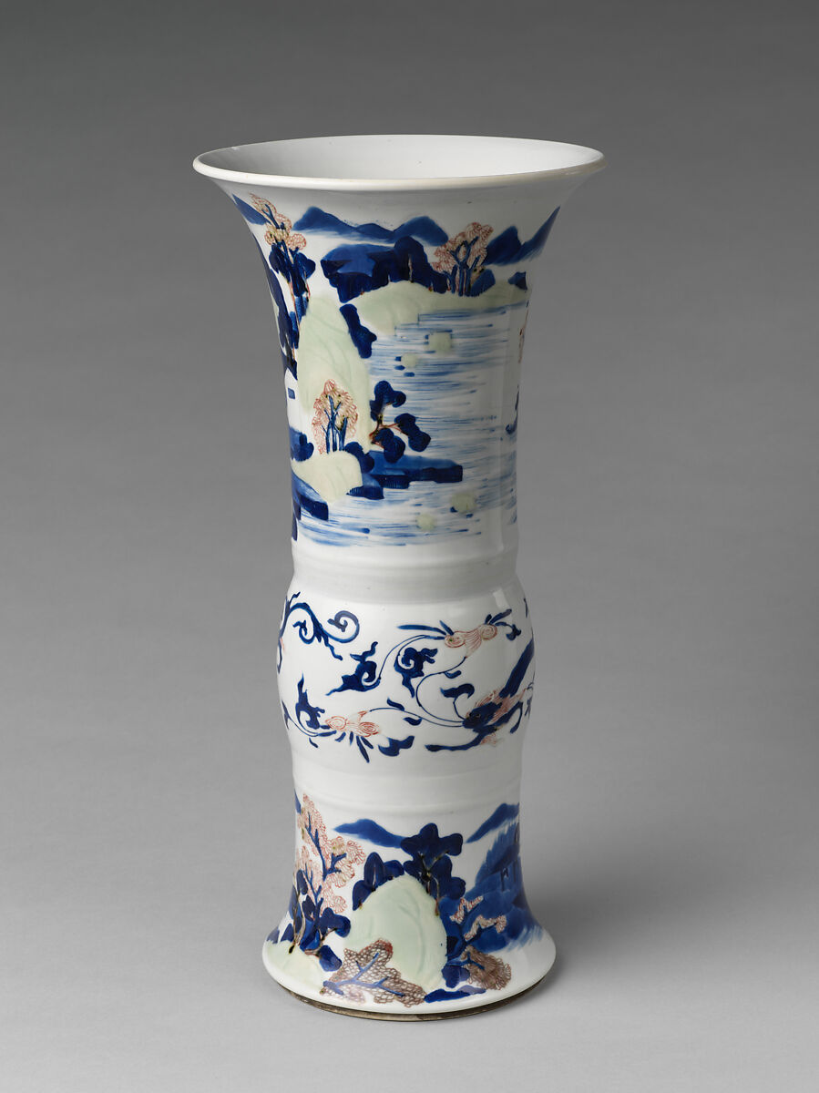 Vase with landscape scenes, Porcelain painted in underglaze cobalt blue, copper red, and light green (Jingdezhen ware), China