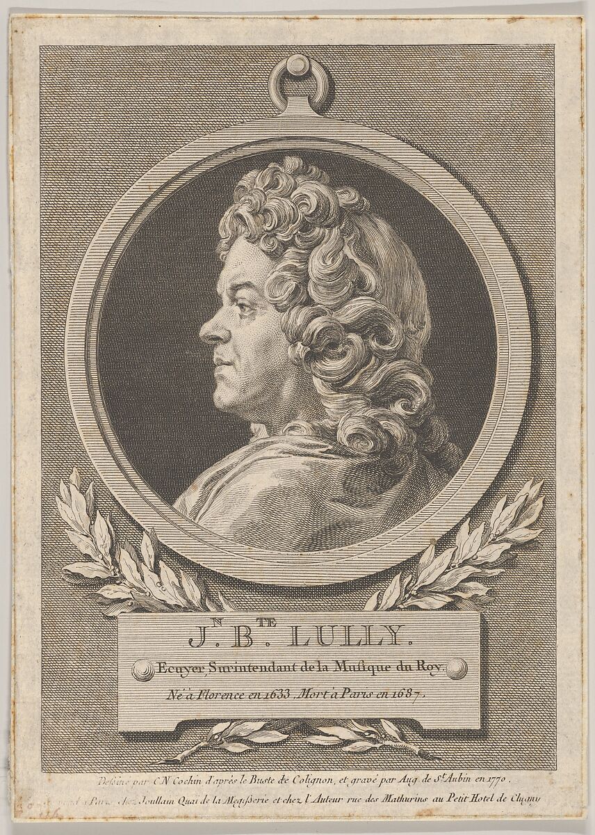 Portrait of Jean-Baptiste Lully, Augustin de Saint-Aubin (French, Paris 1736–1807 Paris), Etching and engraving; fourth state four (Bocher) 
