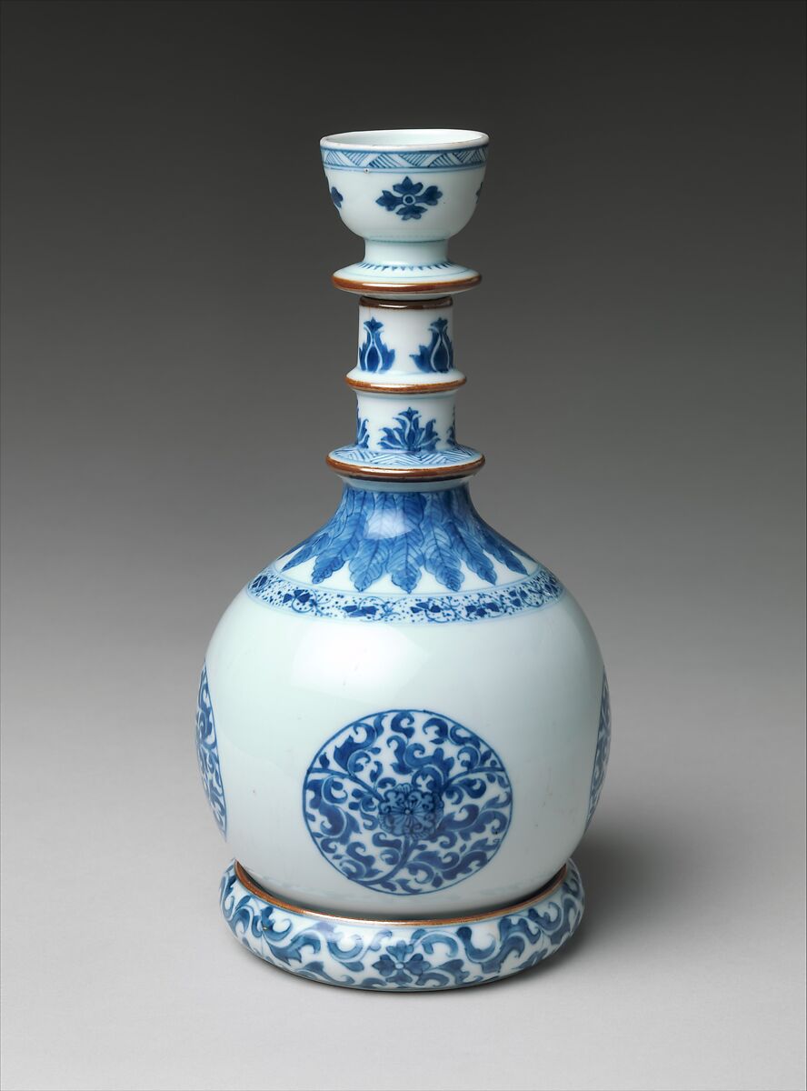 Base for a Water Pipe (huqqa) with Floral Medallions, Porcelain painted with cobalt blue under transparent glaze, and with brown glaze (Jingdezhen ware), China 