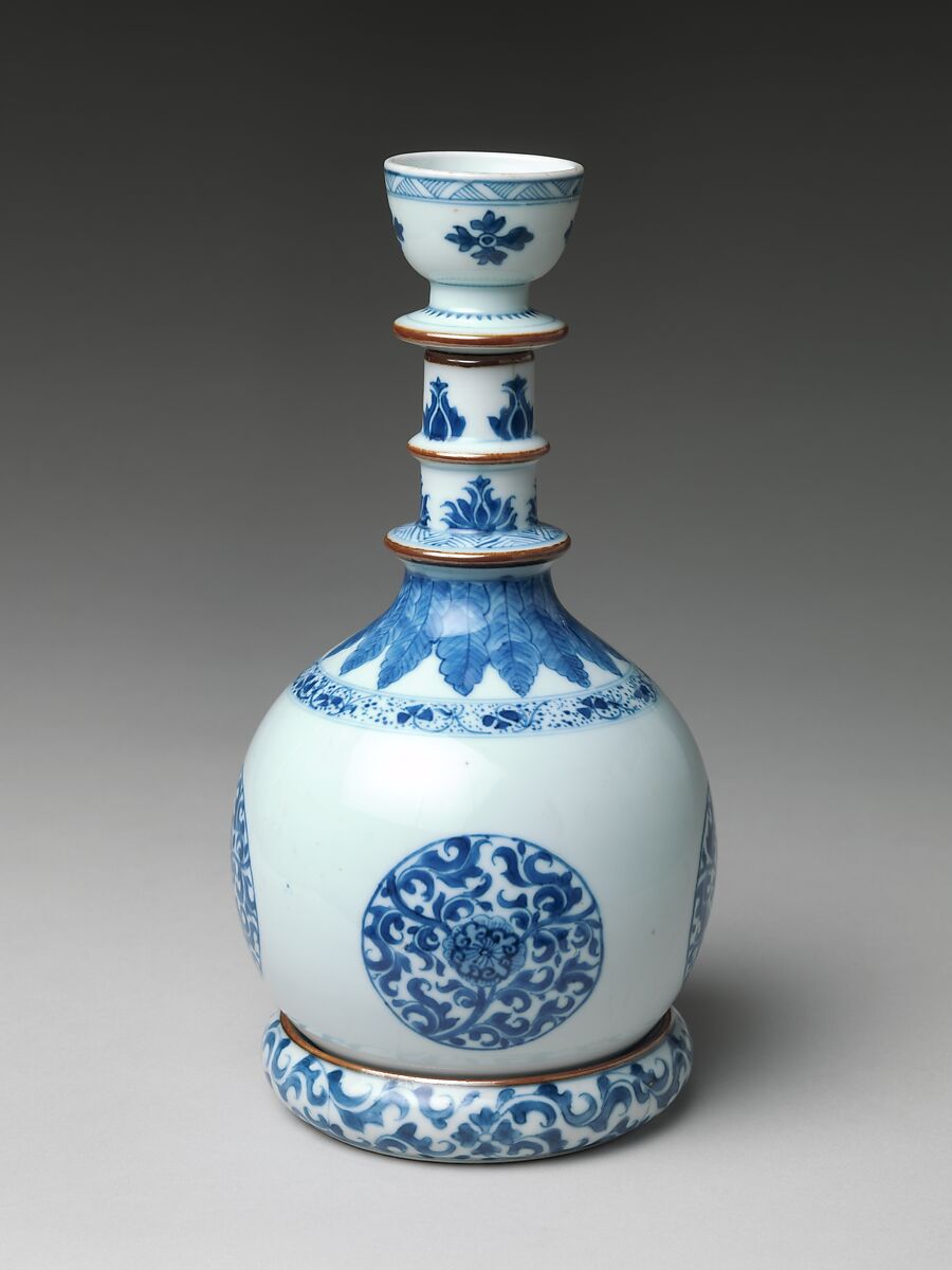 Base for a Water Pipe (huqqa) with Floral Medallions, Porcelain painted with cobalt blue under transparent glaze, and with brown glaze (Jingdezhen ware), China