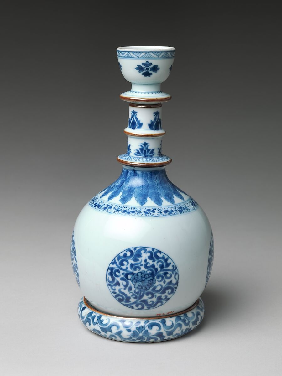 Base for a Water Pipe (huqqa) with Floral Medallions, Porcelain painted with cobalt blue under transparent glaze, and with brown glaze (Jingdezhen ware), China