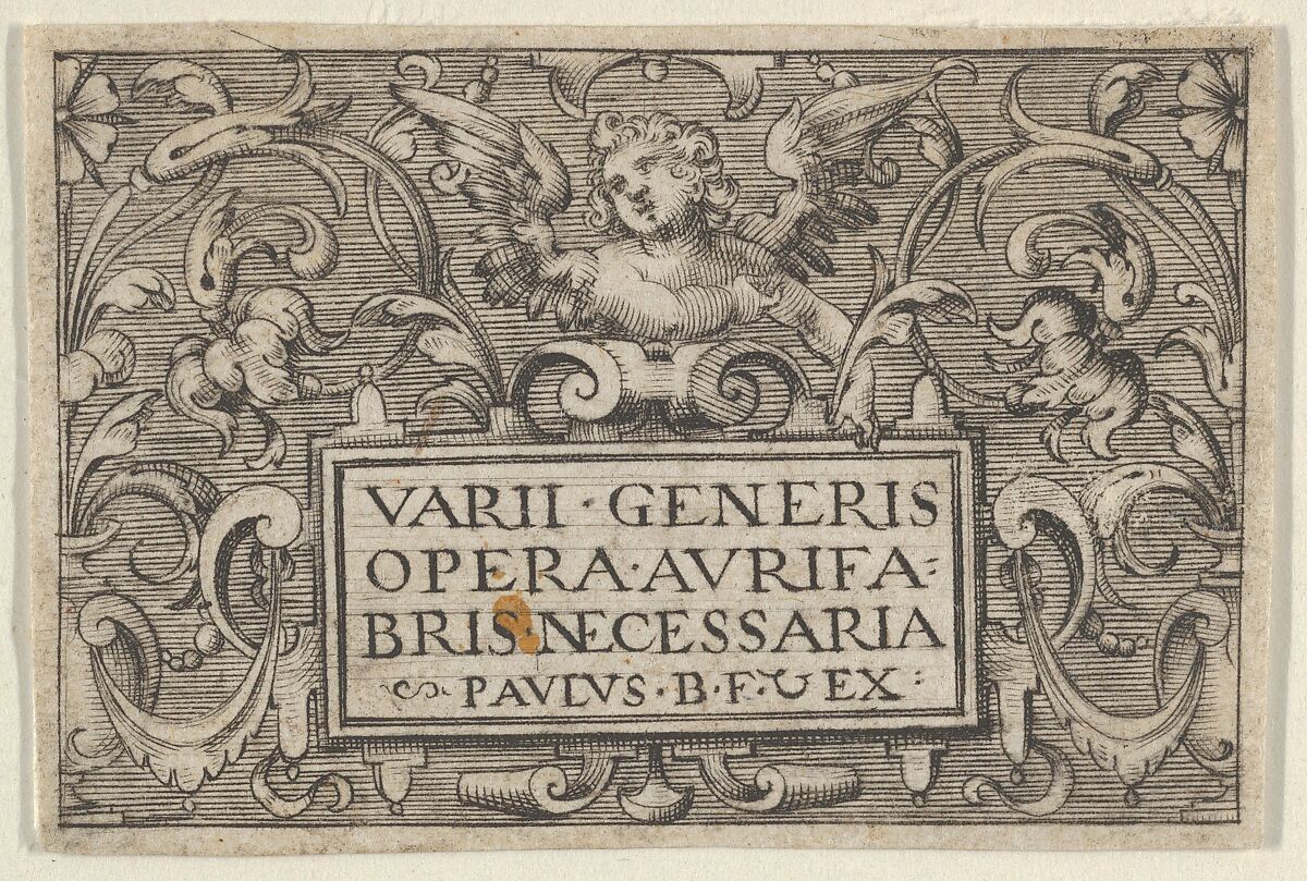 Title Page, from Varii Generis Opera Aurifabris Necessaria, Paul Birckenhultz (1561–1639), Engraving; first of two states (SKB) 