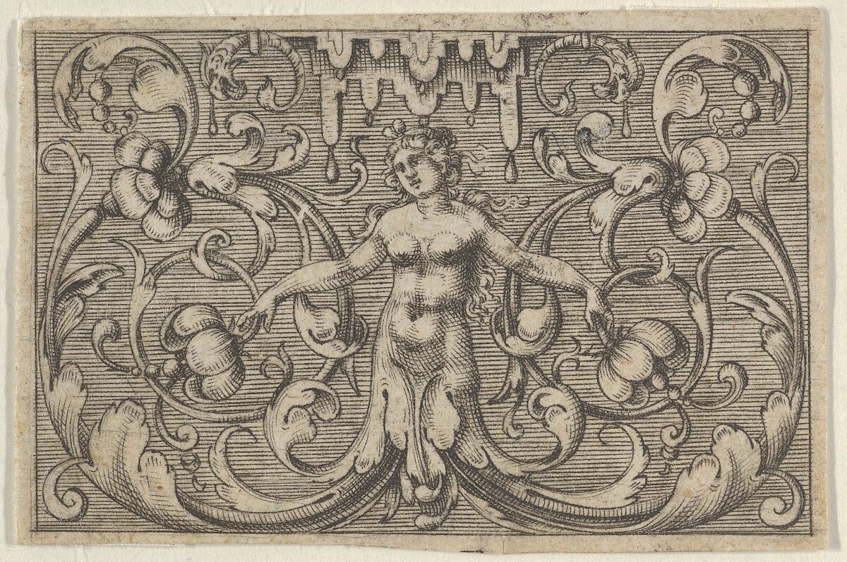 Horizontal Panel with a Female Figure with Leaves as Legs, from Varii Generis Opera Aurifabris Necessaria, Paul Birckenhultz (1561–1639), Engraving; first of two states (SKB) 