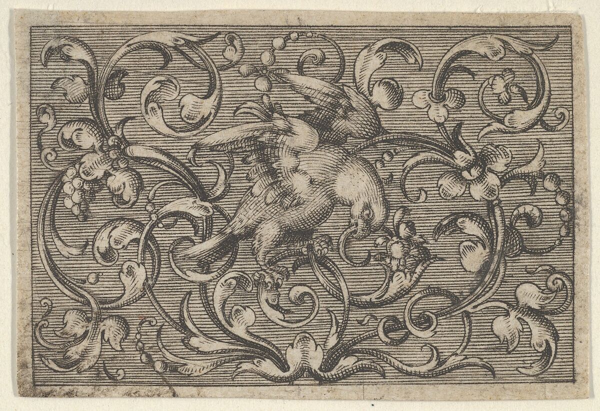 Horizontal Panel with a Bird, from Varii Generis Opera Aurifabris Necessaria, Paul Birckenhultz (1561–1639), Engraving; first of two states (SKB) 