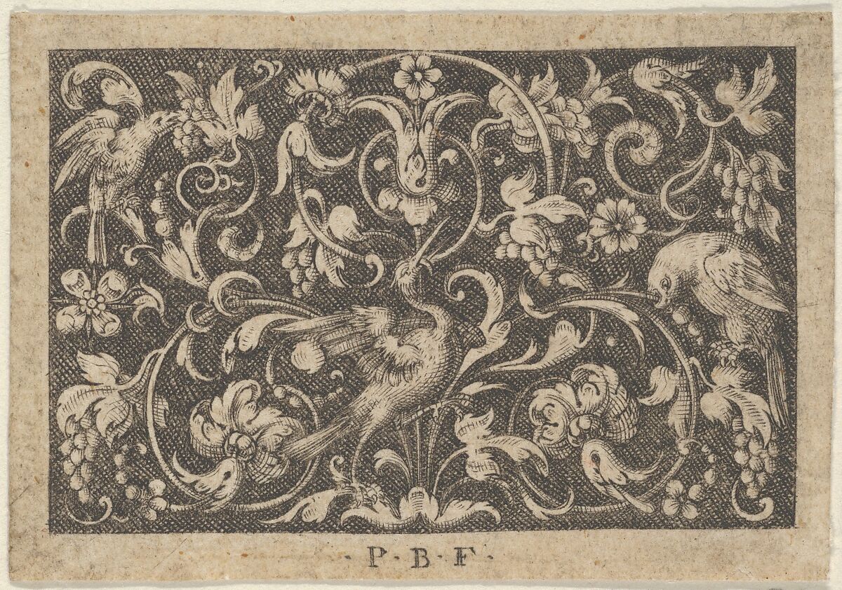 Horizontal Panel with Three Birds, from Varii Generis Opera Aurifabris Necessaria, Paul Birckenhultz (1561–1639), Engraving; second of two states (SKB) 