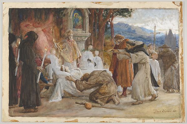 The Redemption of Tannhäuser (recto). Figure sketches (verso), Sir Frank Dicksee (British, London 1853–1928 London), Watercolor and gouache (bodycolor) on buff card (recto); graphite (verso) 