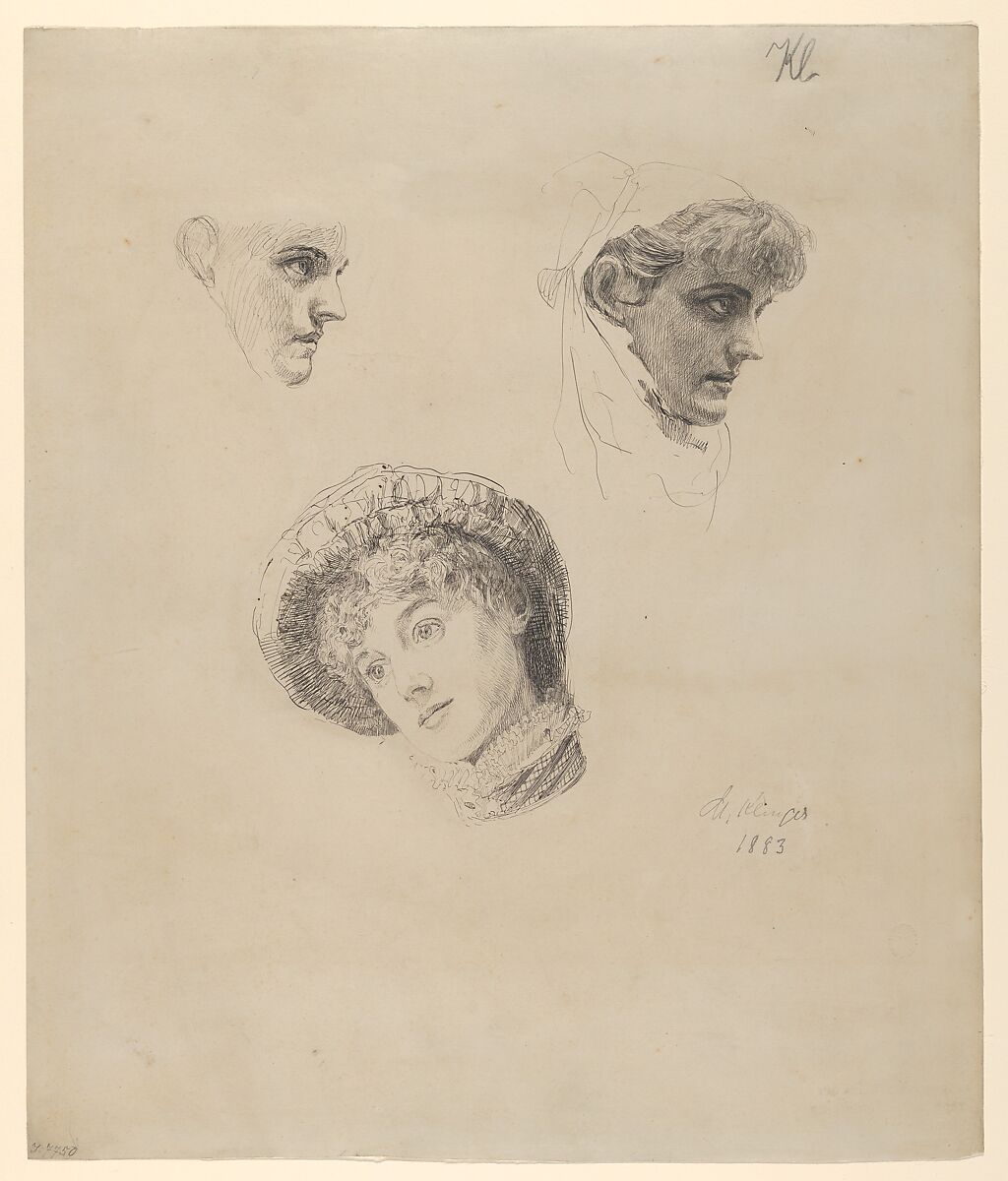Three Studies of Heads of Women, Max Klinger (German, Leipzig 1857–1920 Großjena), Pen and black ink 