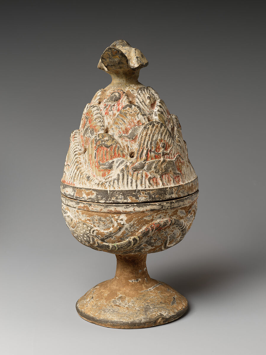 Incense burner, Earthenware with relief decoration and remnants of pigments, China
