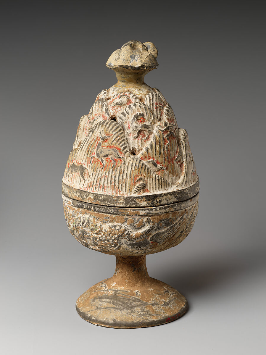 Incense burner, Earthenware with relief decoration and remnants of pigments, China