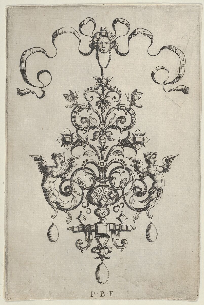 Vertical Panel with Design for a Pendant, from Ars His Myronis Nobilis Effingitus Pagellulis, Paul Birckenhultz (1561–1639), Engraving 