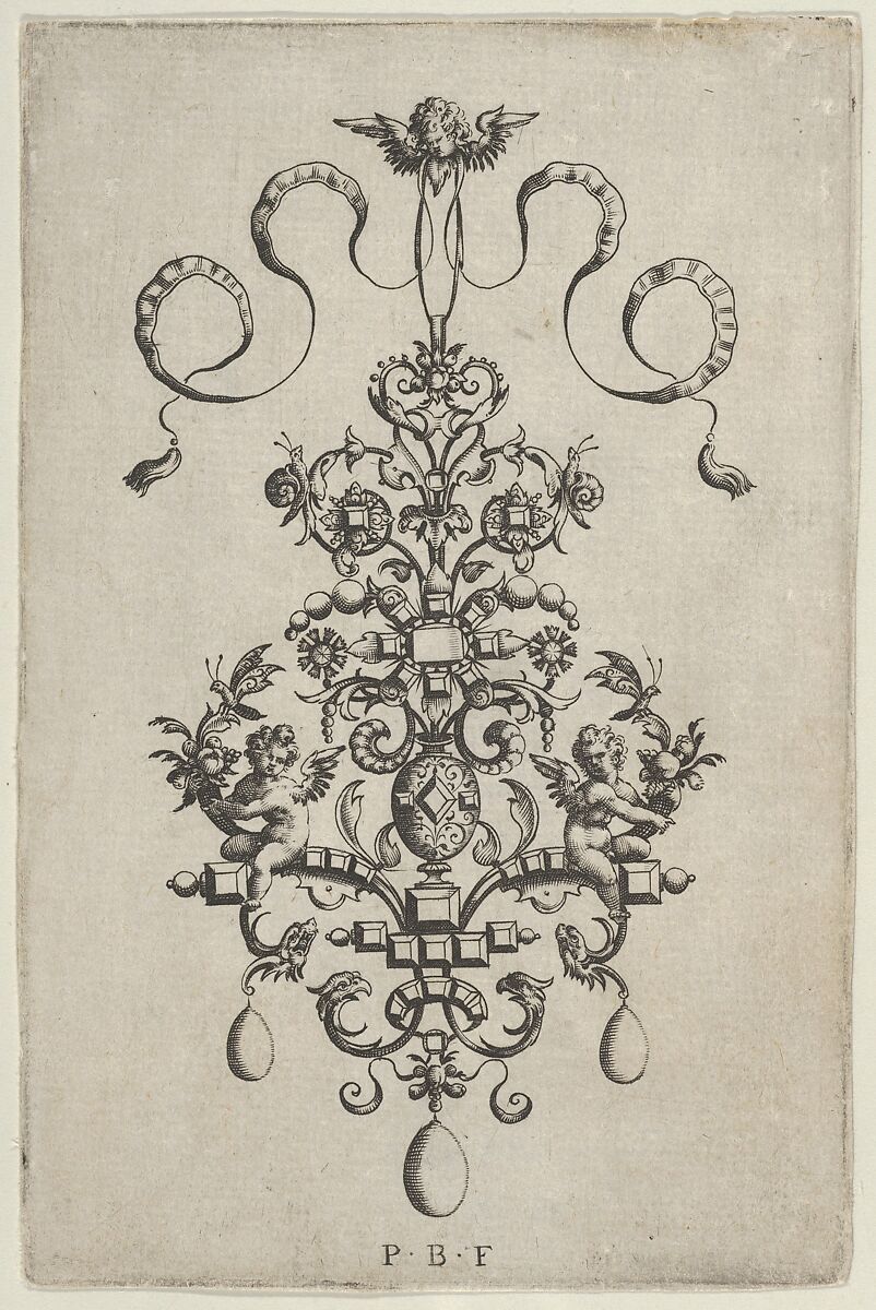 Vertical Panel with Design for a Pendant, from Ars His Myronis Nobilis Effingitus Pagellulis, Paul Birckenhultz (1561–1639), Engraving 
