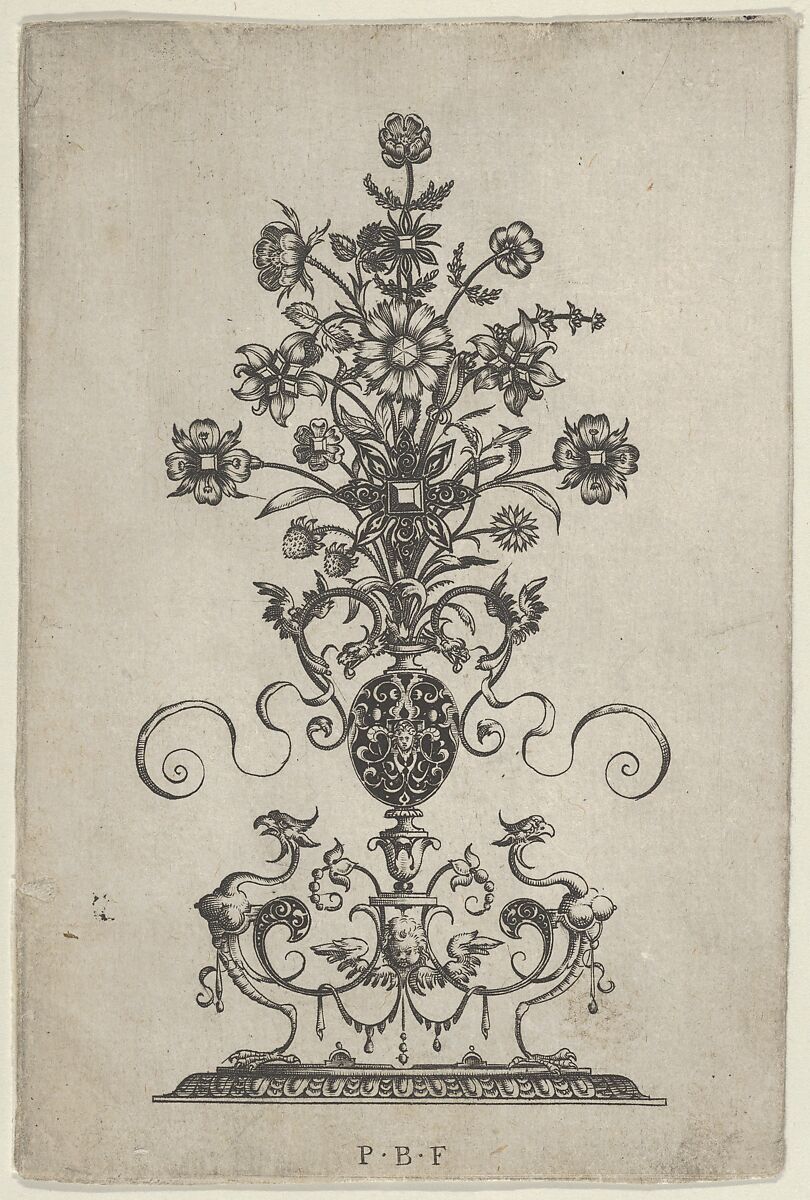 Vertical Panel with Design for a Pendant, from Ars His Myronis Nobilis Effingitus Pagellulis, Paul Birckenhultz (1561–1639), Engraving and blackwork 