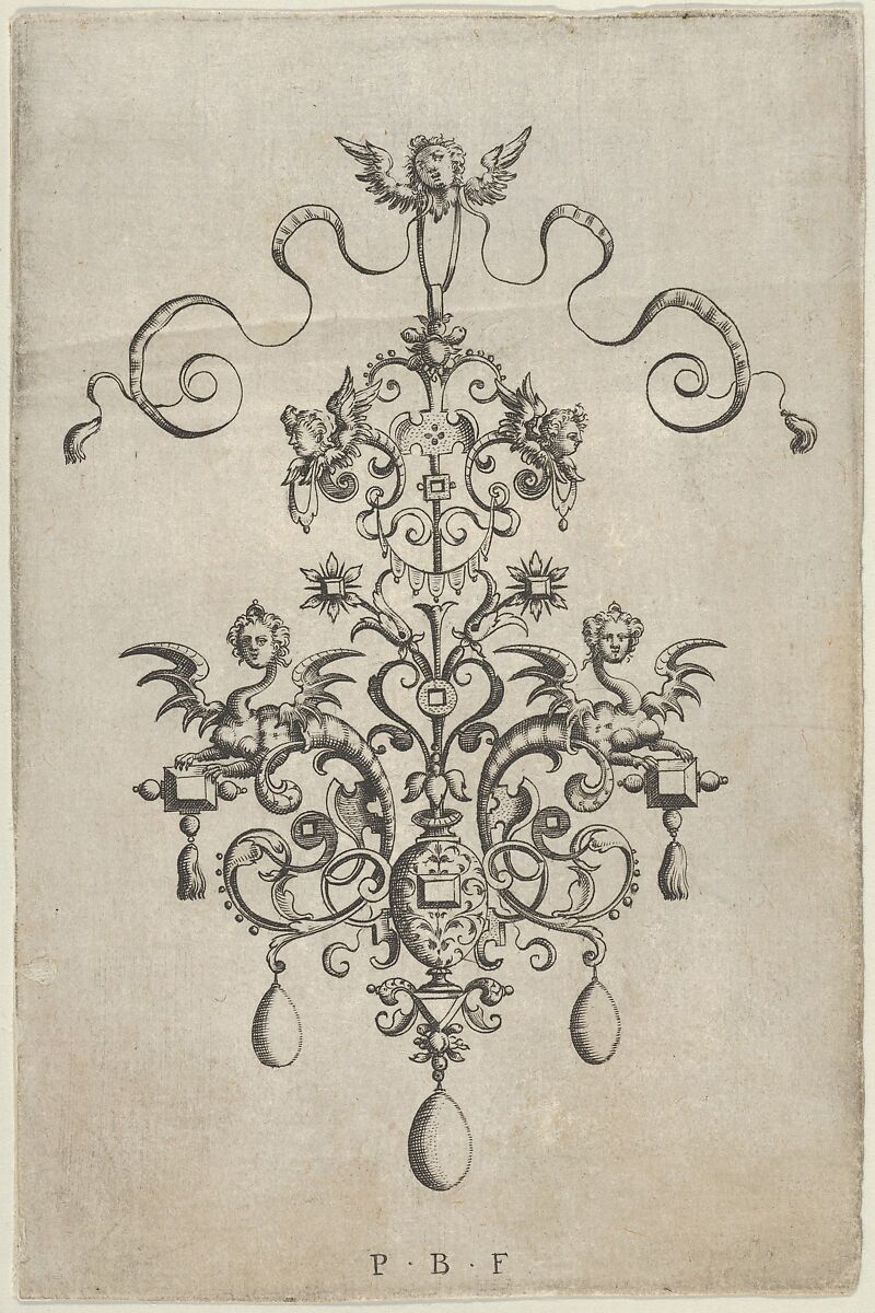 Vertical Panel with Design for a Pendant, from Ars His Myronis Nobilis Effingitus Pagellulis, Paul Birckenhultz (1561–1639), Engraving 