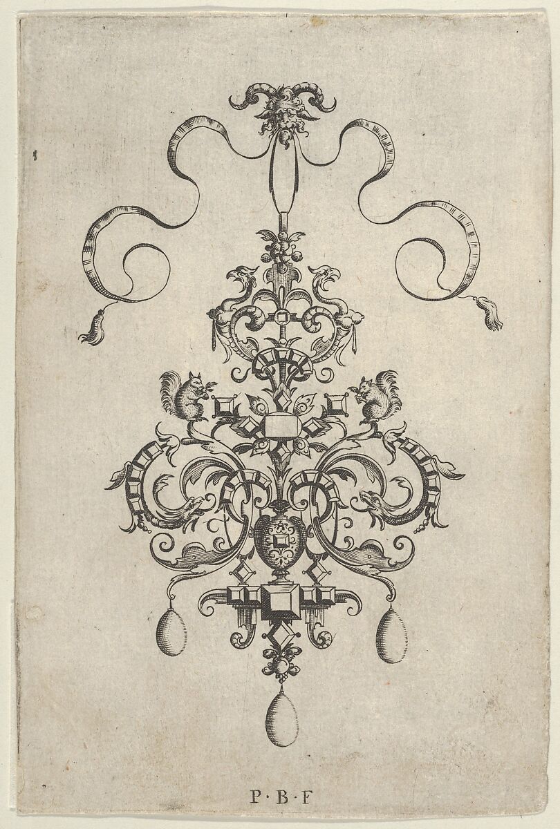 Vertical Panel with Design for a Pendant, from Ars His Myronis Nobilis Effingitus Pagellulis, Paul Birckenhultz (1561–1639), Engraving 