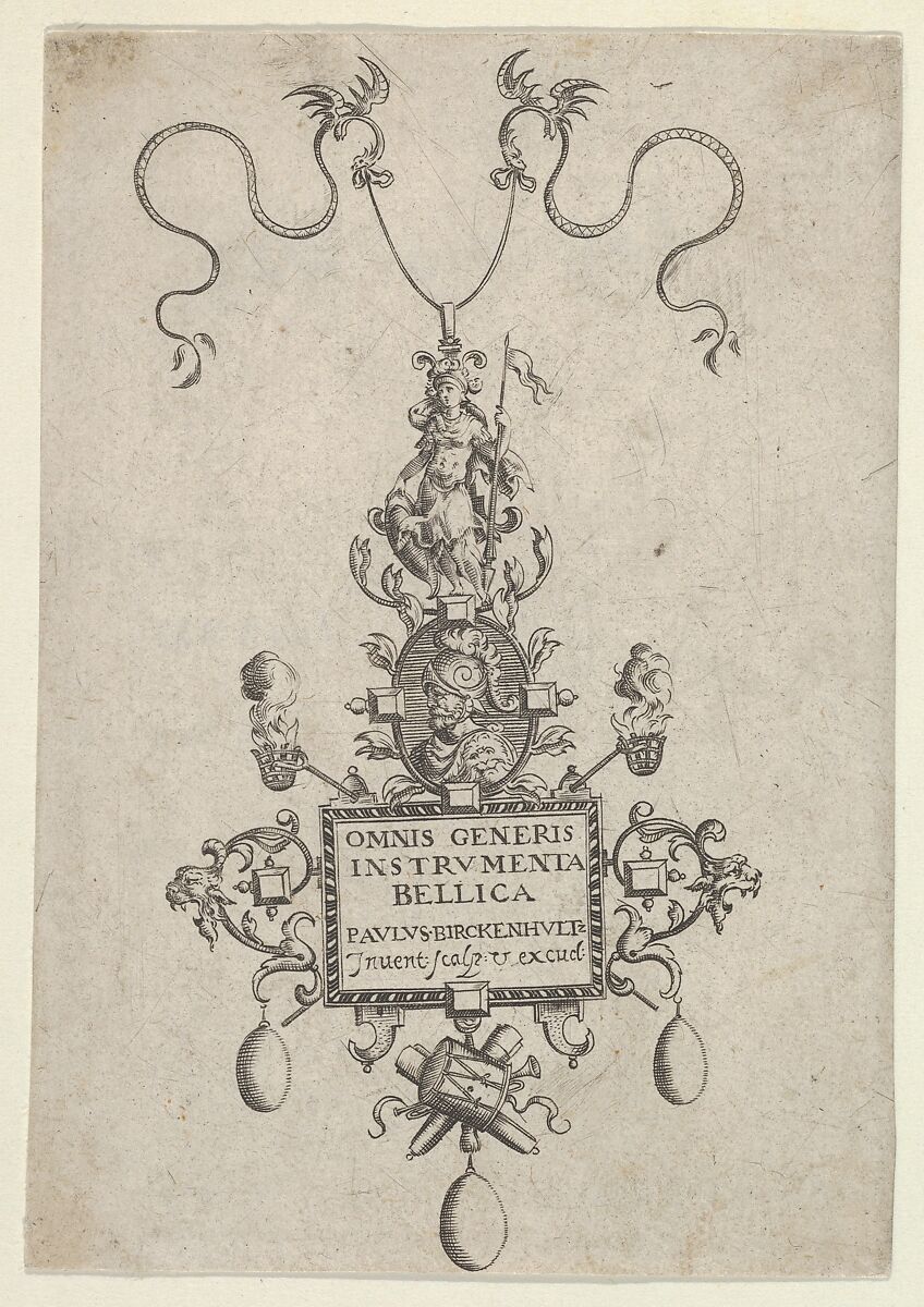 Title Page with Design for a Pendant from Omnis Generis Instrumenta Bellica, Paul Birckenhultz (1561–1639), Engraving 