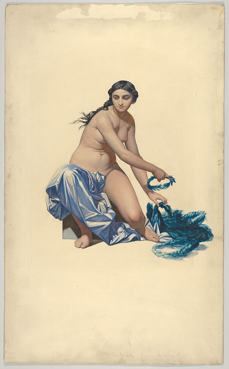 Study for a figure of Fame, from the Hémicycle des Beaux-Arts, École des Beaux-Arts, Paul (Hippolyte) Delaroche (French, Paris 1797–1856 Paris), Watercolor and gouache over black chalk 