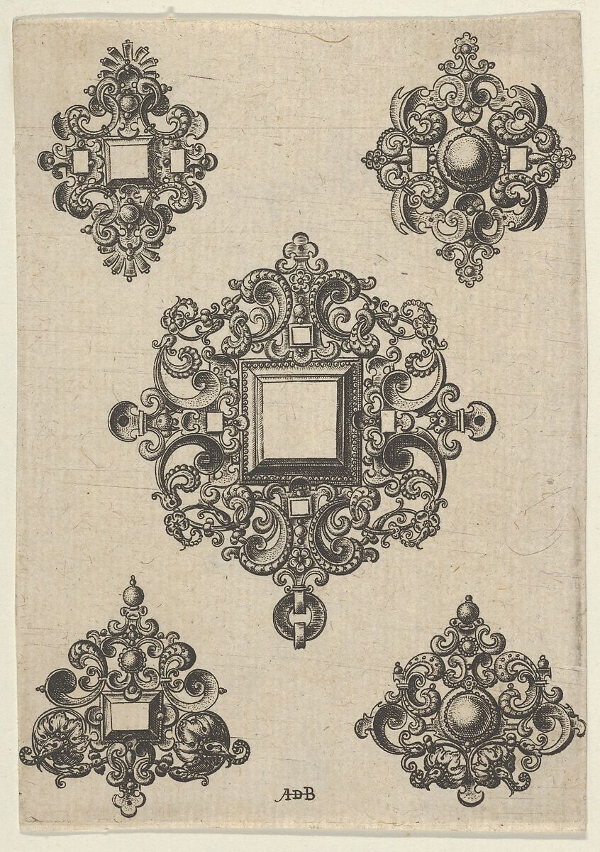 Vertical Panel with Designs for Five Mirrors, attributed to Abraham de Bruyn (Flemish, Antwerp 1540–1587 Cologne (?)), Engraving 