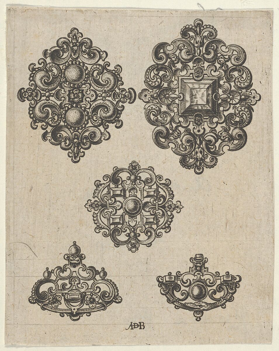 Vertical Panel with Five Jewelry Motifs, attributed to Abraham de Bruyn (Flemish, Antwerp 1540–1587 Cologne (?)), Engraving 