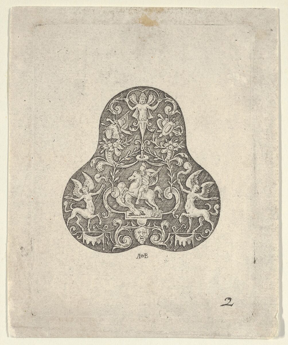 Vertical Panel with a Pear Shaped Design with a Mounted Soldier and Centaurs, attributed to Abraham de Bruyn (Flemish, Antwerp 1540–1587 Cologne (?)), Engraving 