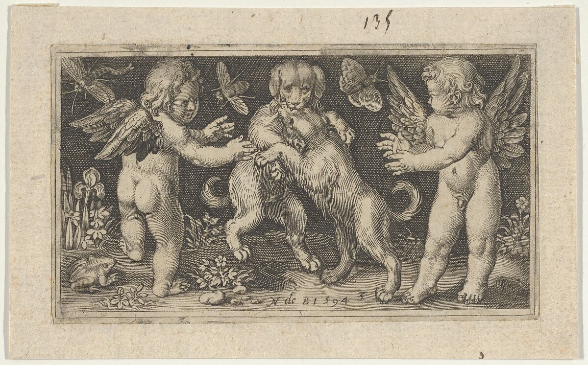 Two Genii with Two Dogs Fighting, Nicolaes de Bruyn (Netherlandish,  Antwerp 1571–1656 Rotterdam), Engraving 